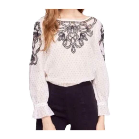 Free People Everything I Know Cotton Peasant Blouse‎ Embroidered Cutouts Medium - Picture 1 of 11
